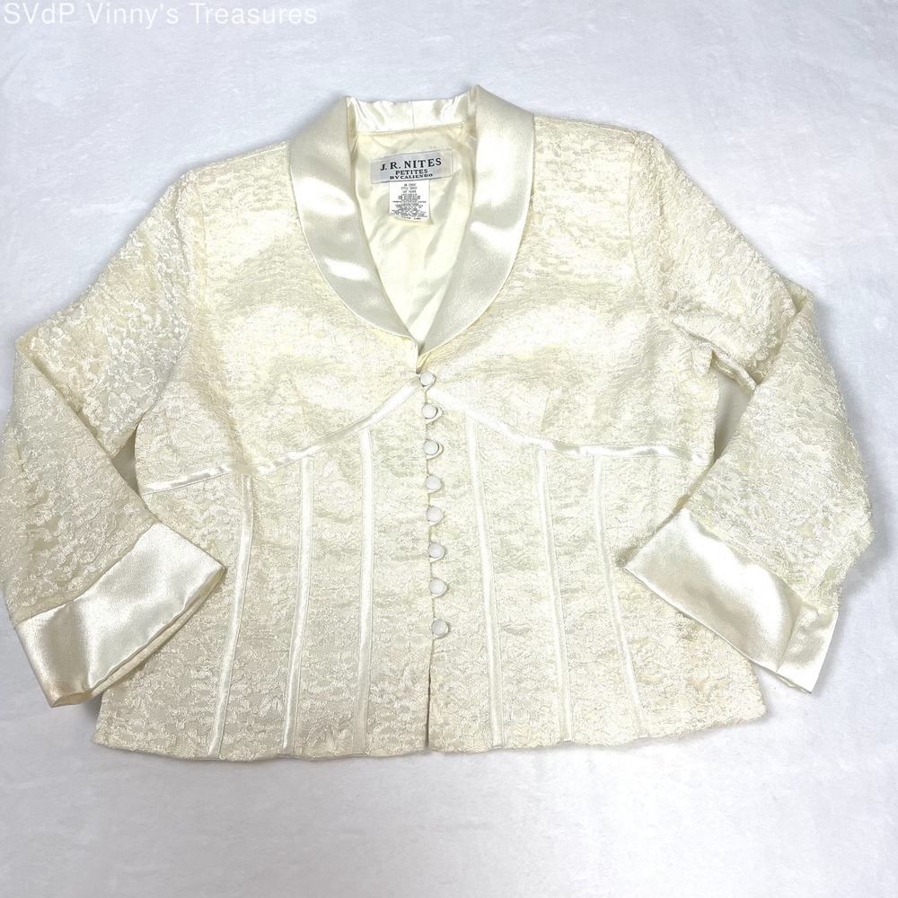 VTG 90s J.R. Nites Cream Lace Corset Style Deep V-Neck Blouse 10P Cottagecore